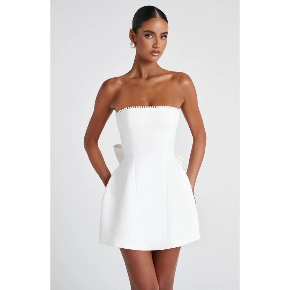 NWT Babyboo Suni Ivory Bow Pearl Trim Strapless Cocktail Mini Dress Women Size M - Picture 6 of 16